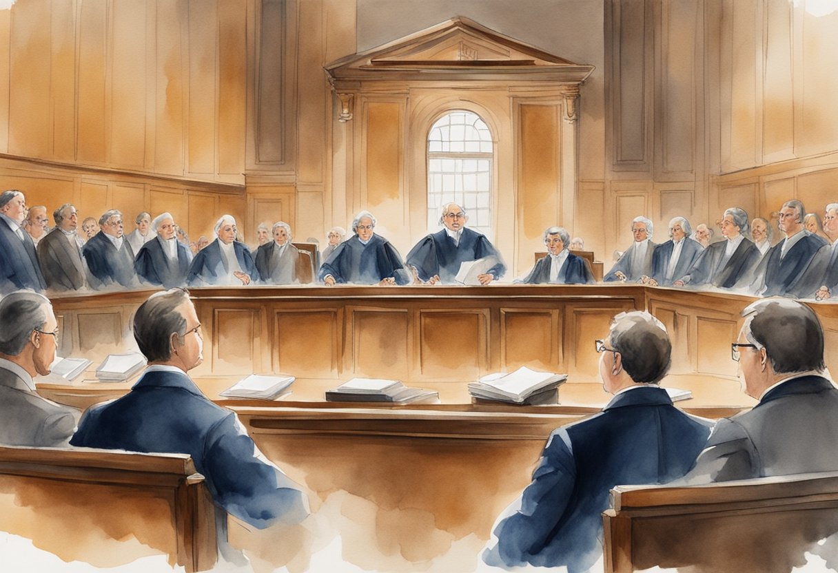 A courtroom scene with a judge presiding over a case involving reselling laws. Lawyers argue their points while a jury listens intently