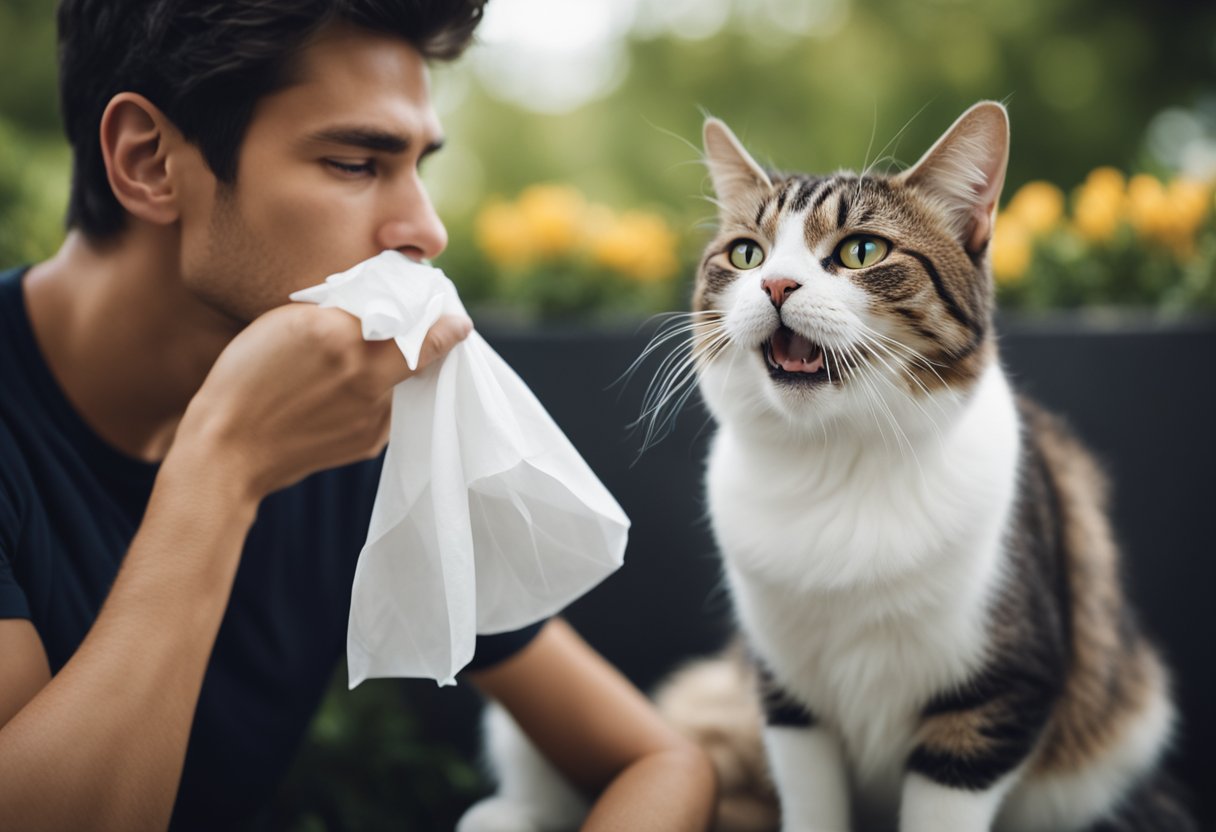 A sneezing cat sits next to a confused owner holding a tissue