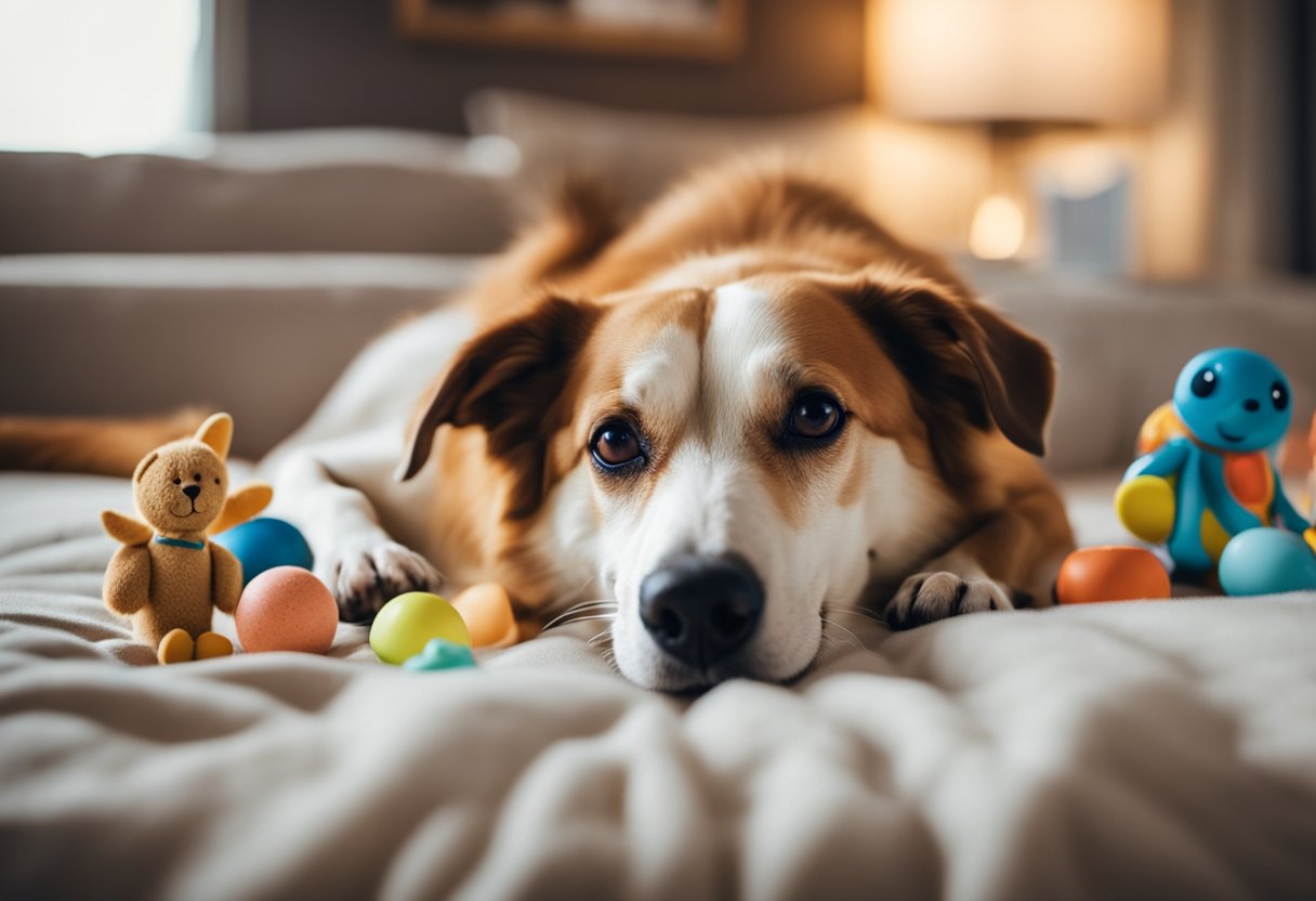 A dog lies on a cozy bed, surrounded by toys and a bowl of water. A calendar on the wall marks the passing weeks of her pregnancy