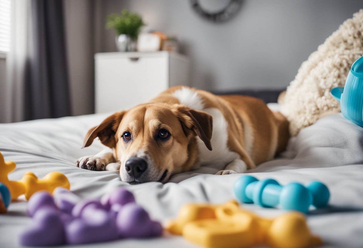 A pregnant dog lying on a comfortable bed, surrounded by toys and a bowl of water, with a calendar on the wall marking the gestation period