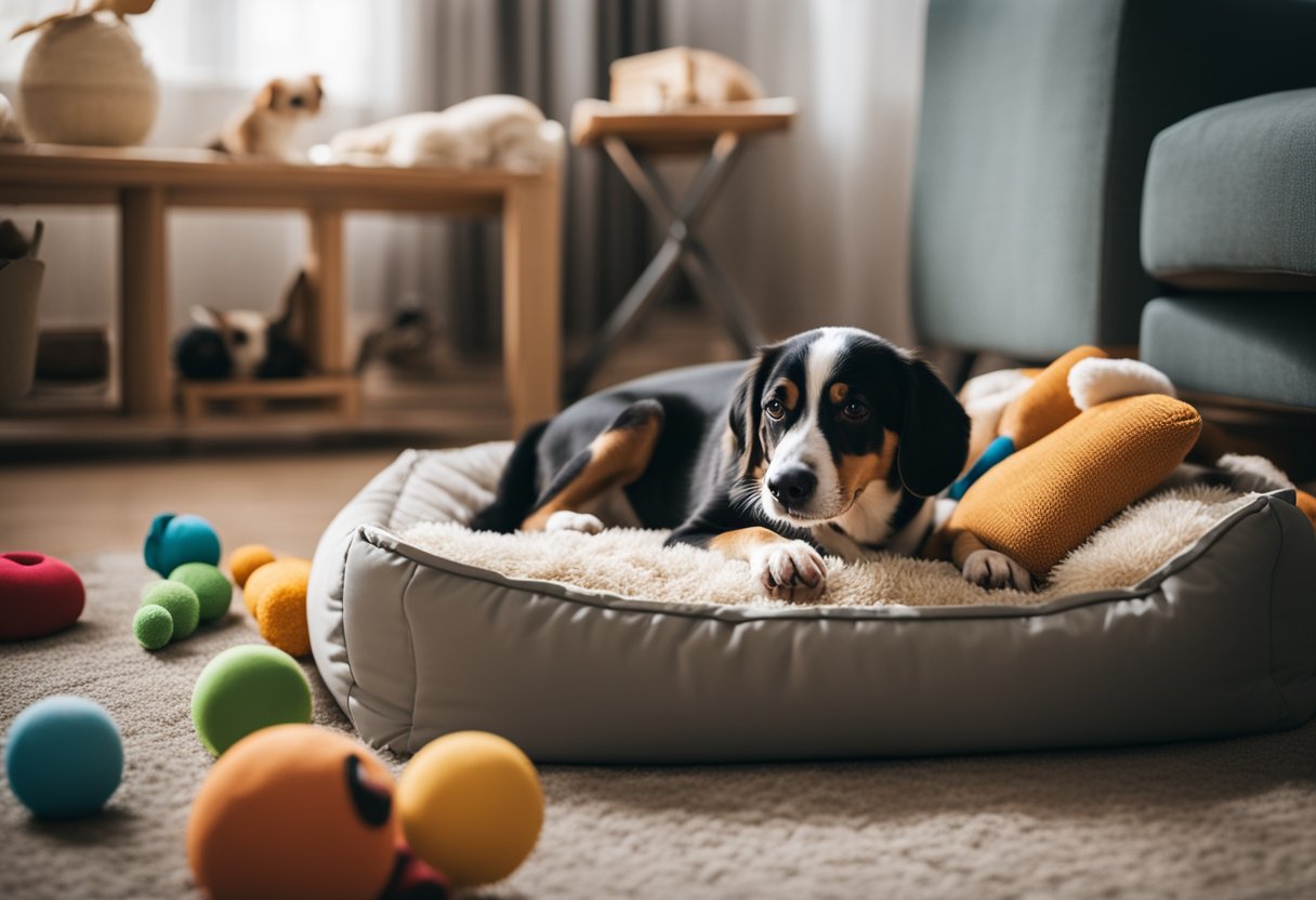 A dog with a swollen belly, resting in a comfortable and cozy spot, surrounded by toys and a dog bed