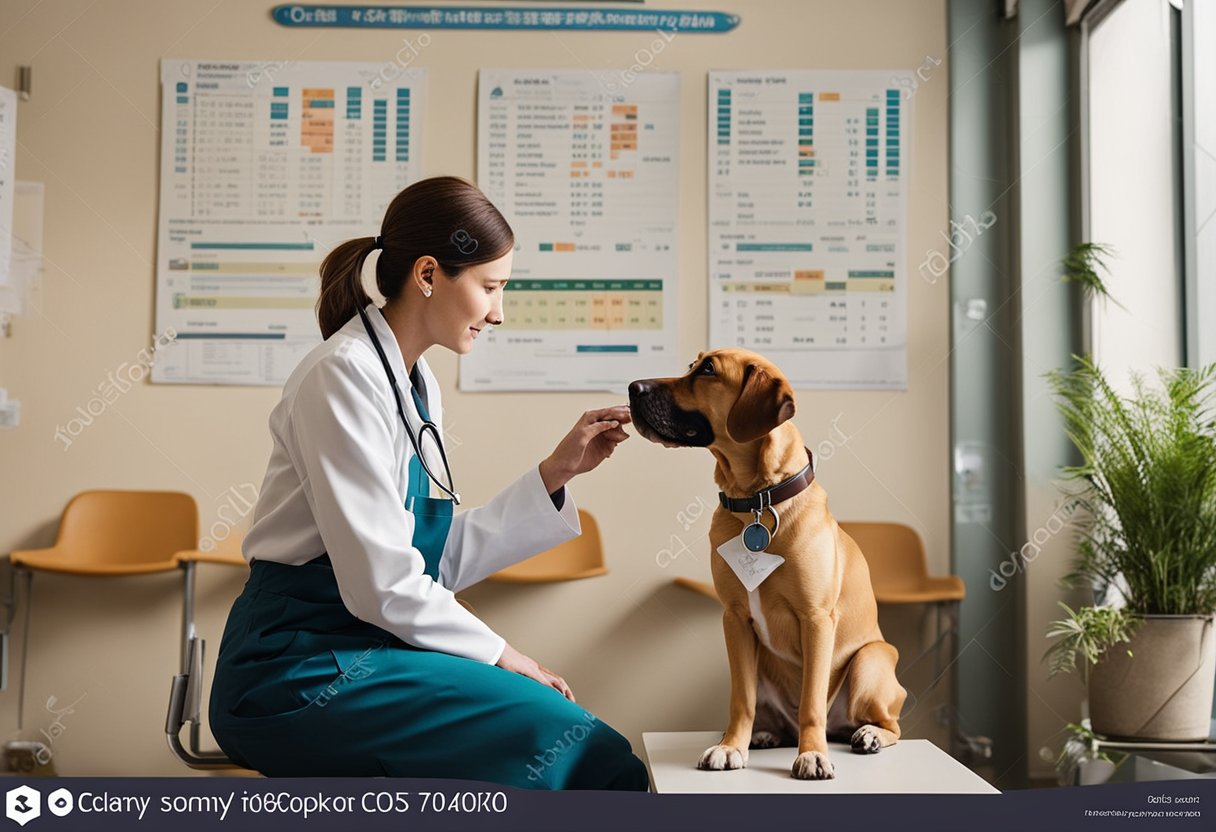 A dog with perky ears sits attentively as a veterinarian examines its ear. A chart on the wall illustrates the importance of ear care for dogs