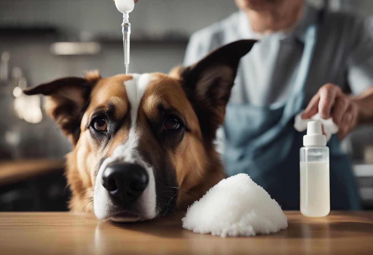 A dog's ear being gently cleaned with ear cleaning solution and a cotton ball, with a concerned owner looking on