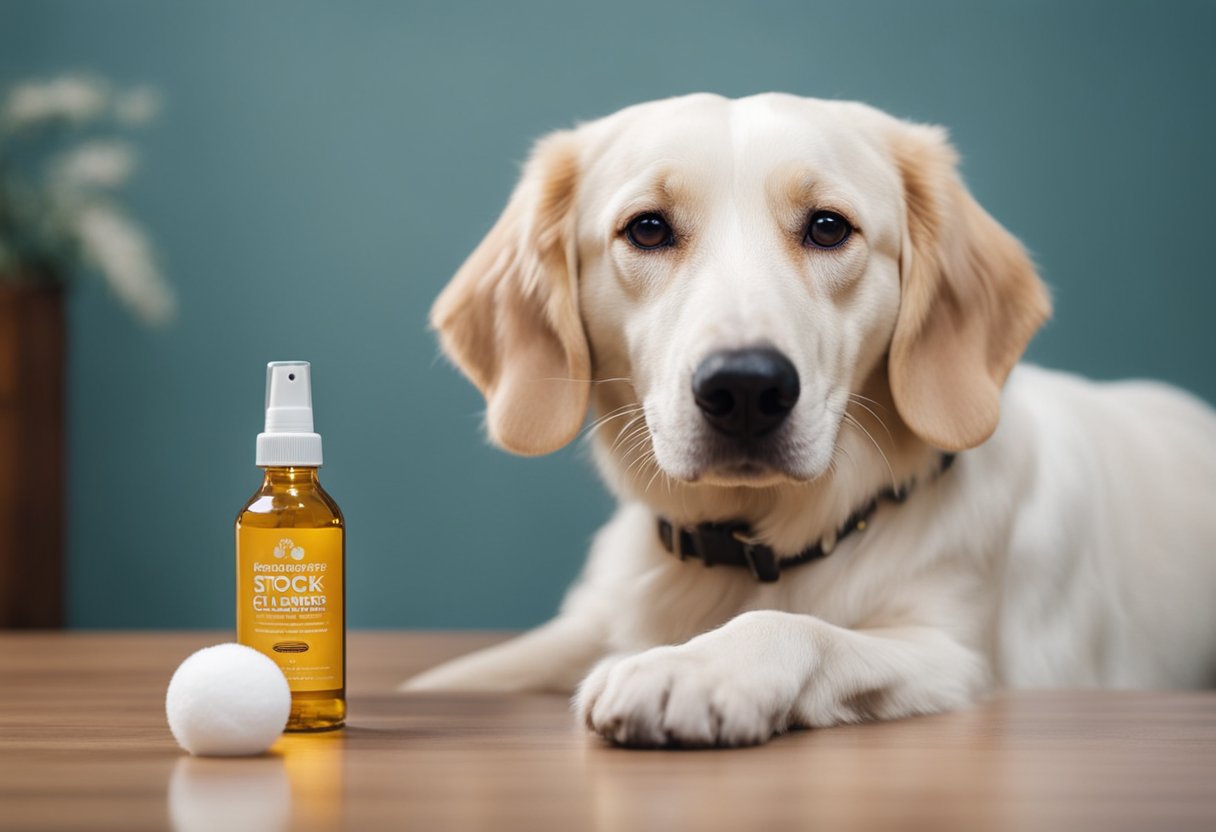 A dog with clean, healthy ears, looking happy and relaxed. A bottle of ear cleaner and cotton balls nearby
