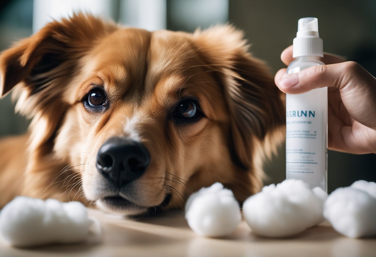 A dog's ear being gently cleaned with a cotton ball, while a bottle of ear cleaner and a soft towel are nearby
