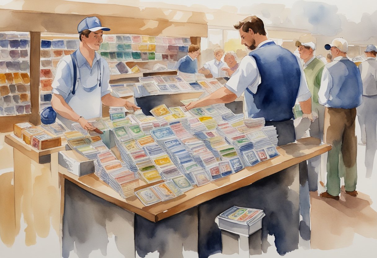 A table displays various baseball cards. A seller talks to a customer, pointing to cards and explaining their value. A cash register sits nearby