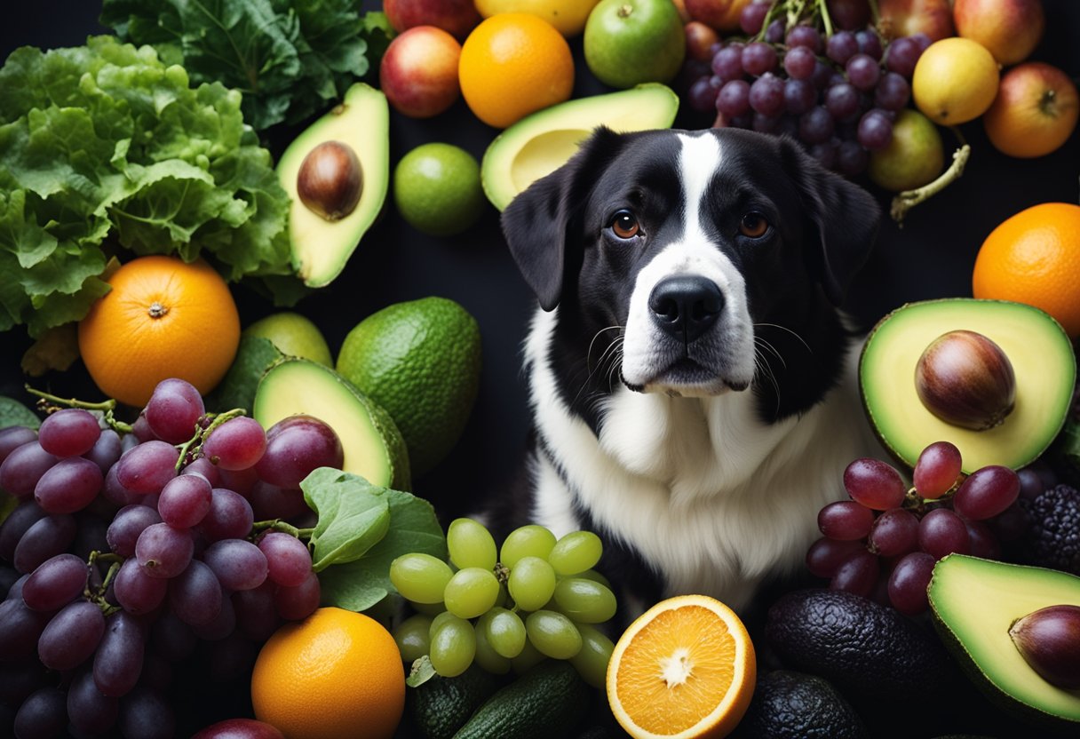 A dog surrounded by 9 toxic fruits and vegetables, including grapes, onions, and avocados, with warning signs nearby