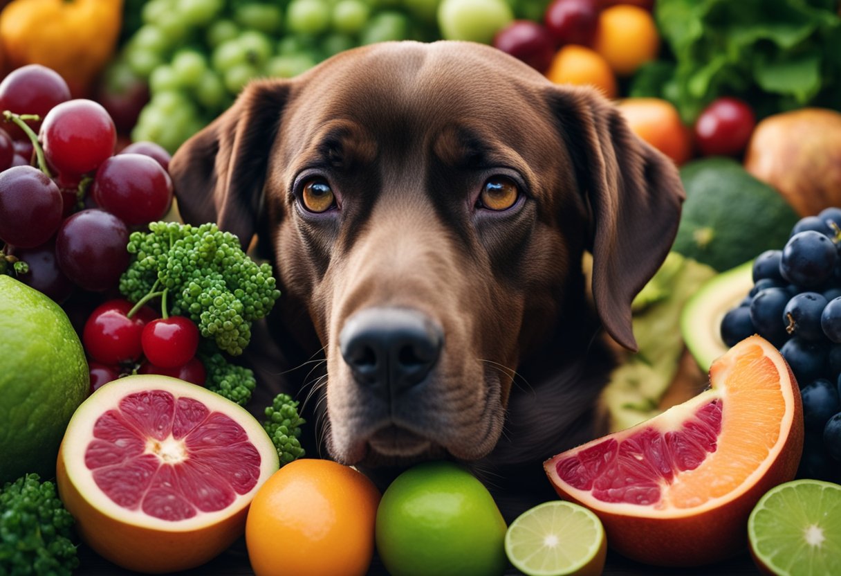 A dog surrounded by toxic fruits and vegetables, including grapes, cherries, and avocados, with warning signs nearby