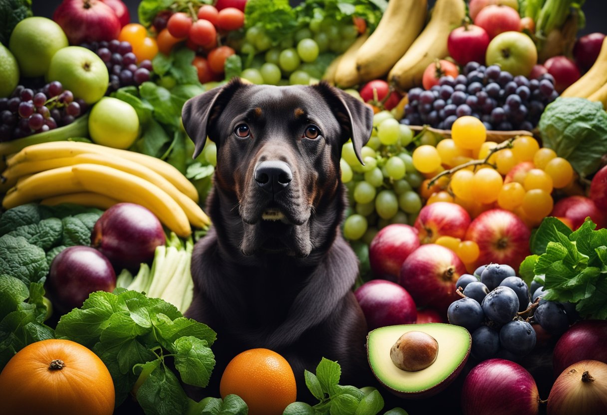 A dog surrounded by toxic fruits and vegetables, including grapes, onions, and avocado, with warning signs nearby