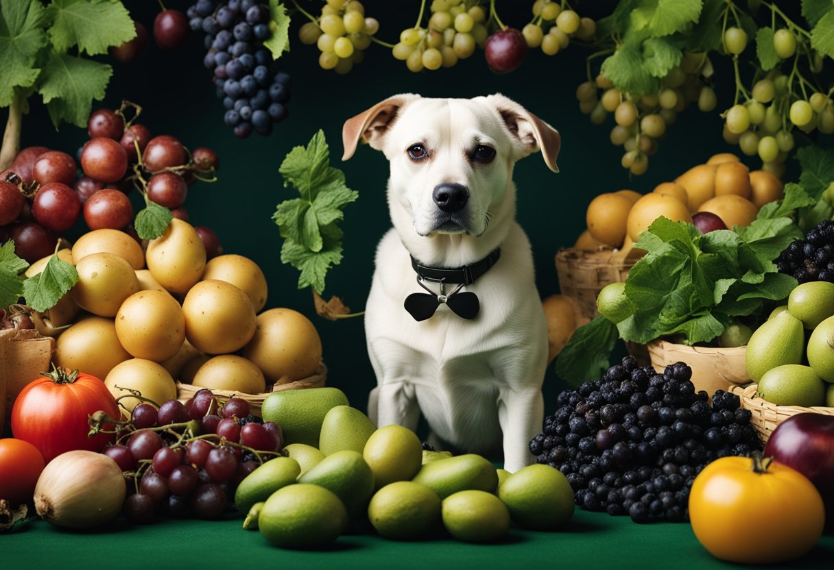 A dog surrounded by grapes, onions, avocados, cherries, tomatoes, mushrooms, garlic, and potatoes, with a warning sign