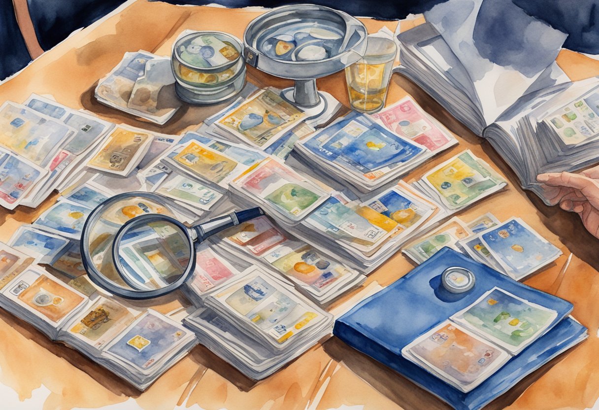 A table covered in baseball cards, a magnifying glass, and a price guide book. A person holding a card up to the light to inspect it