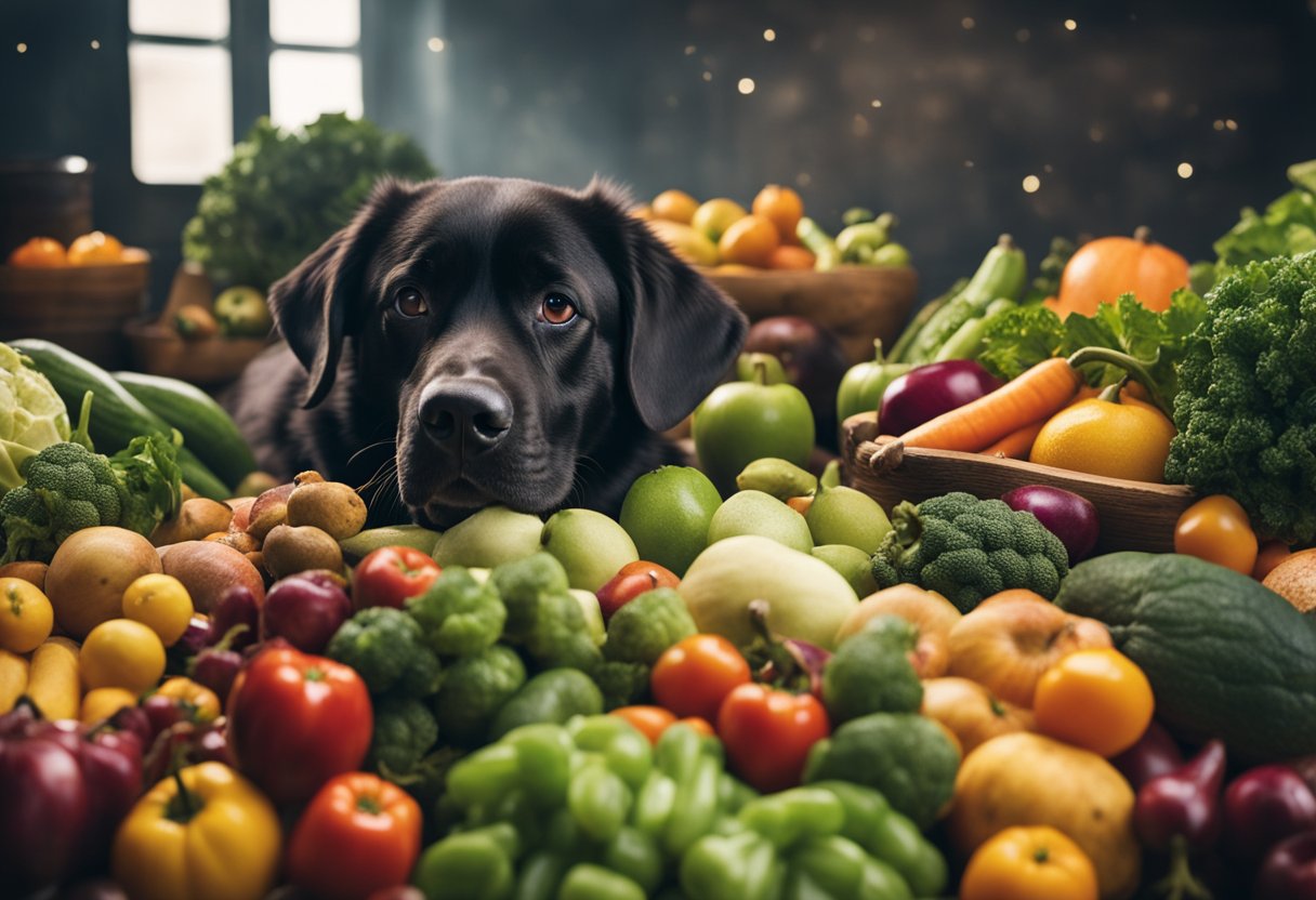 A pile of 9 toxic fruits and vegetables for dogs, with warning signs and a distressed dog nearby