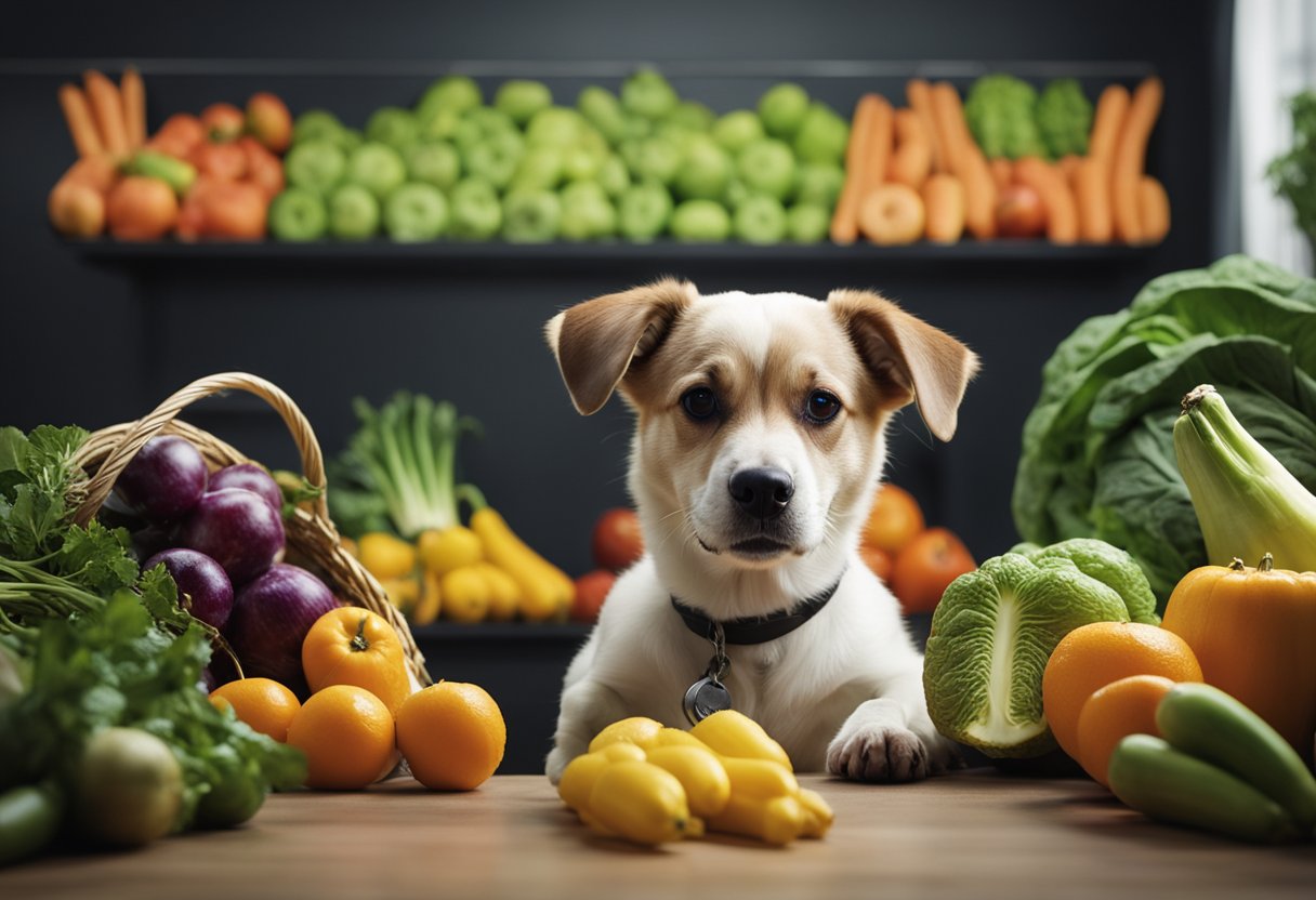 A dog surrounded by toxic fruits and vegetables, with a caution sign nearby