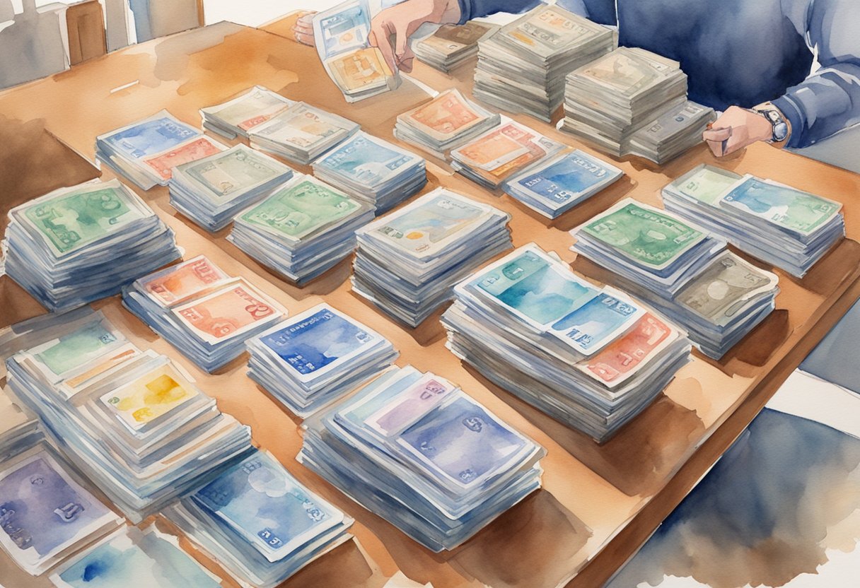 A table with neatly organized baseball cards, a price list, and a stack of protective sleeves. A person counting money and smiling