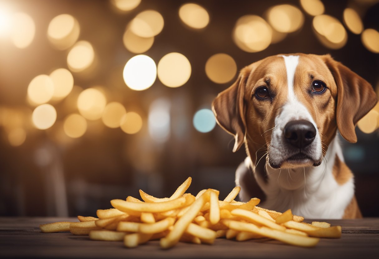 A dog eagerly munches on a pile of golden french fries