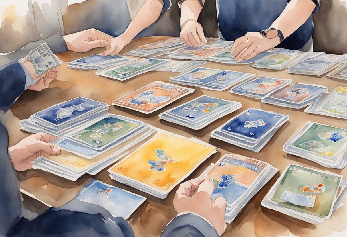 A table displays various baseball cards. A person points to a card while explaining its value to a potential buyer
