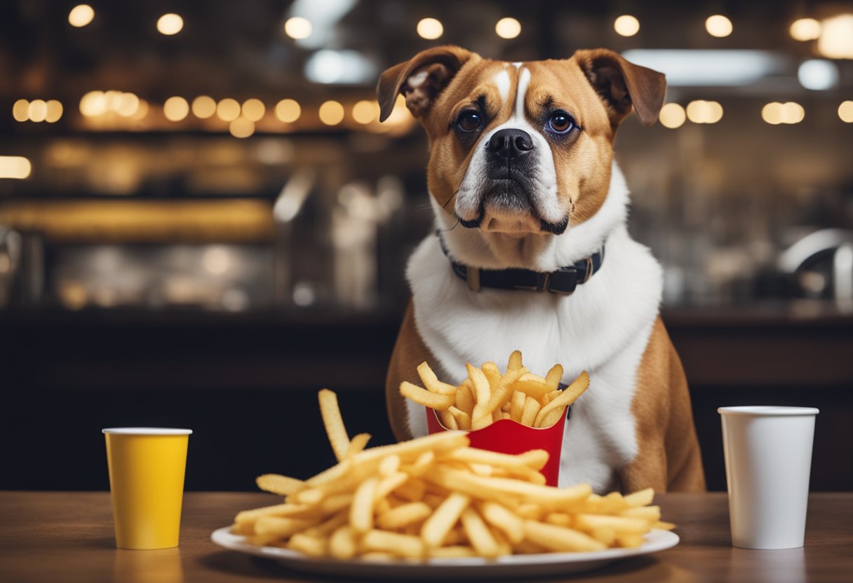 A dog eagerly eyes a pile of French fries, but a concerned owner holds up a "no" sign