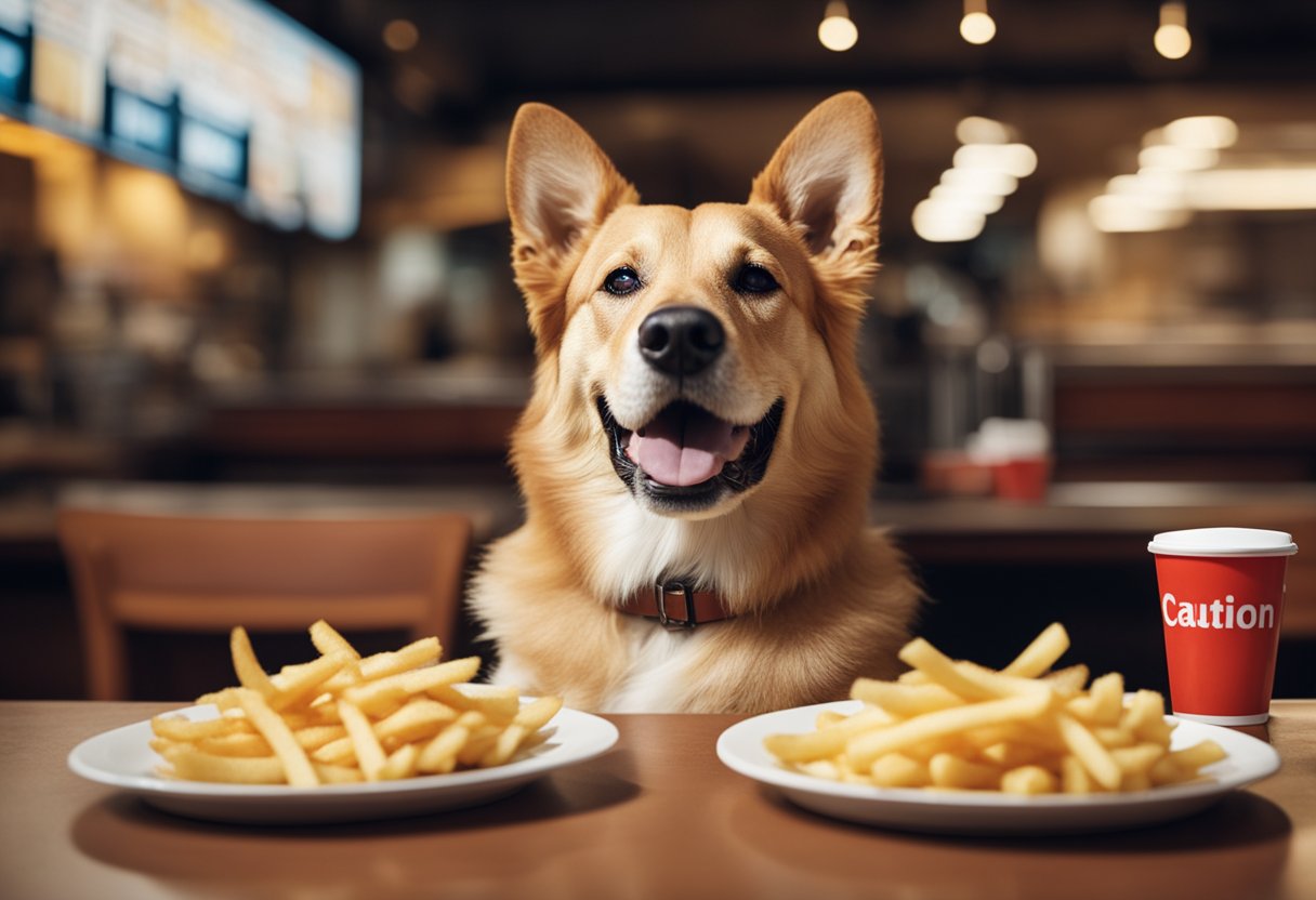 A happy dog sits in front of a plate of french fries, with a caution sign and text "Safe Consumption Guidelines" in the background
