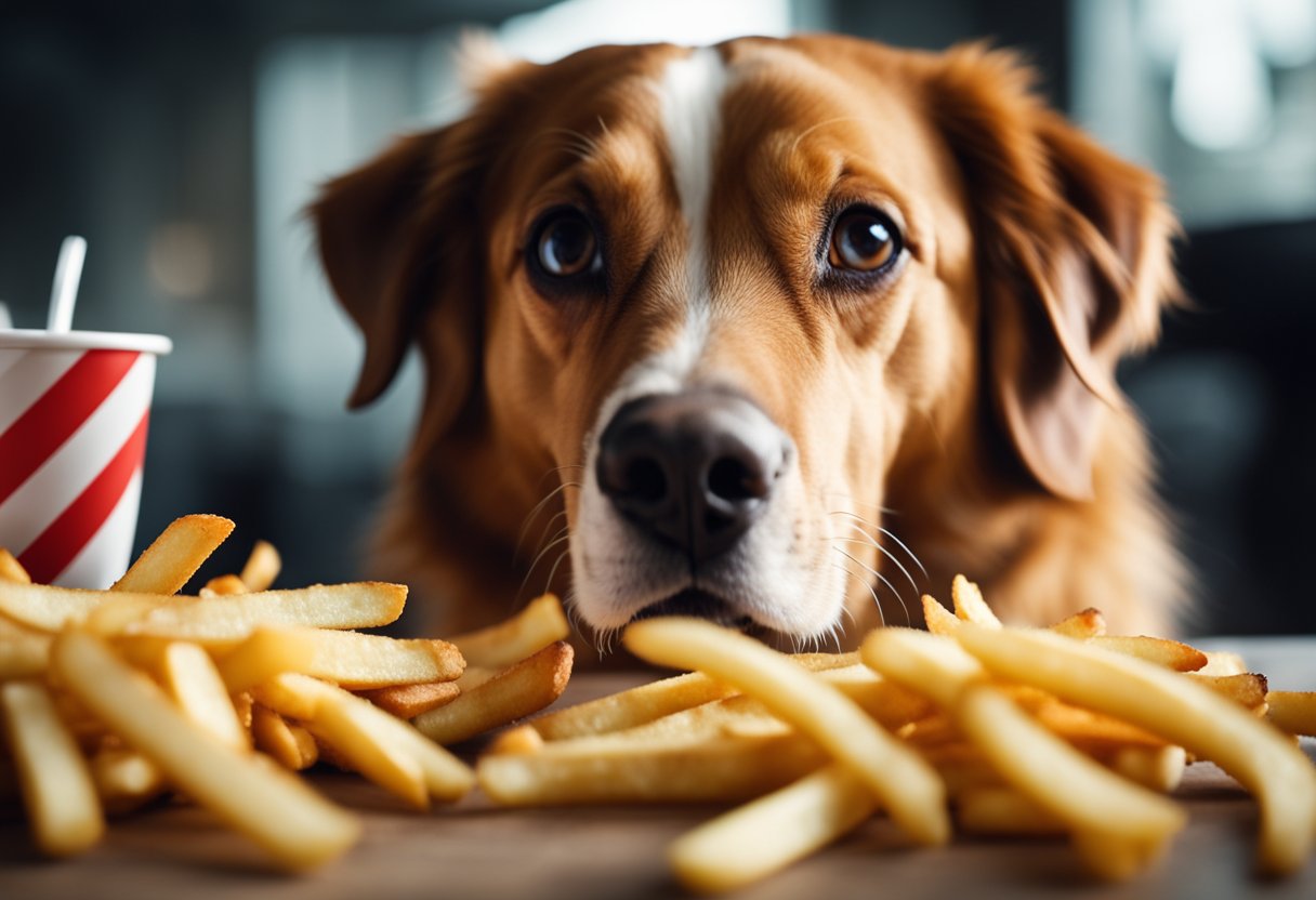 A dog eagerly eyes a pile of french fries on a table
