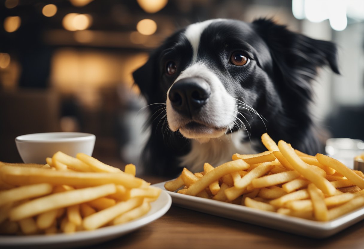 A dog eagerly eyes a pile of golden french fries on a plate
