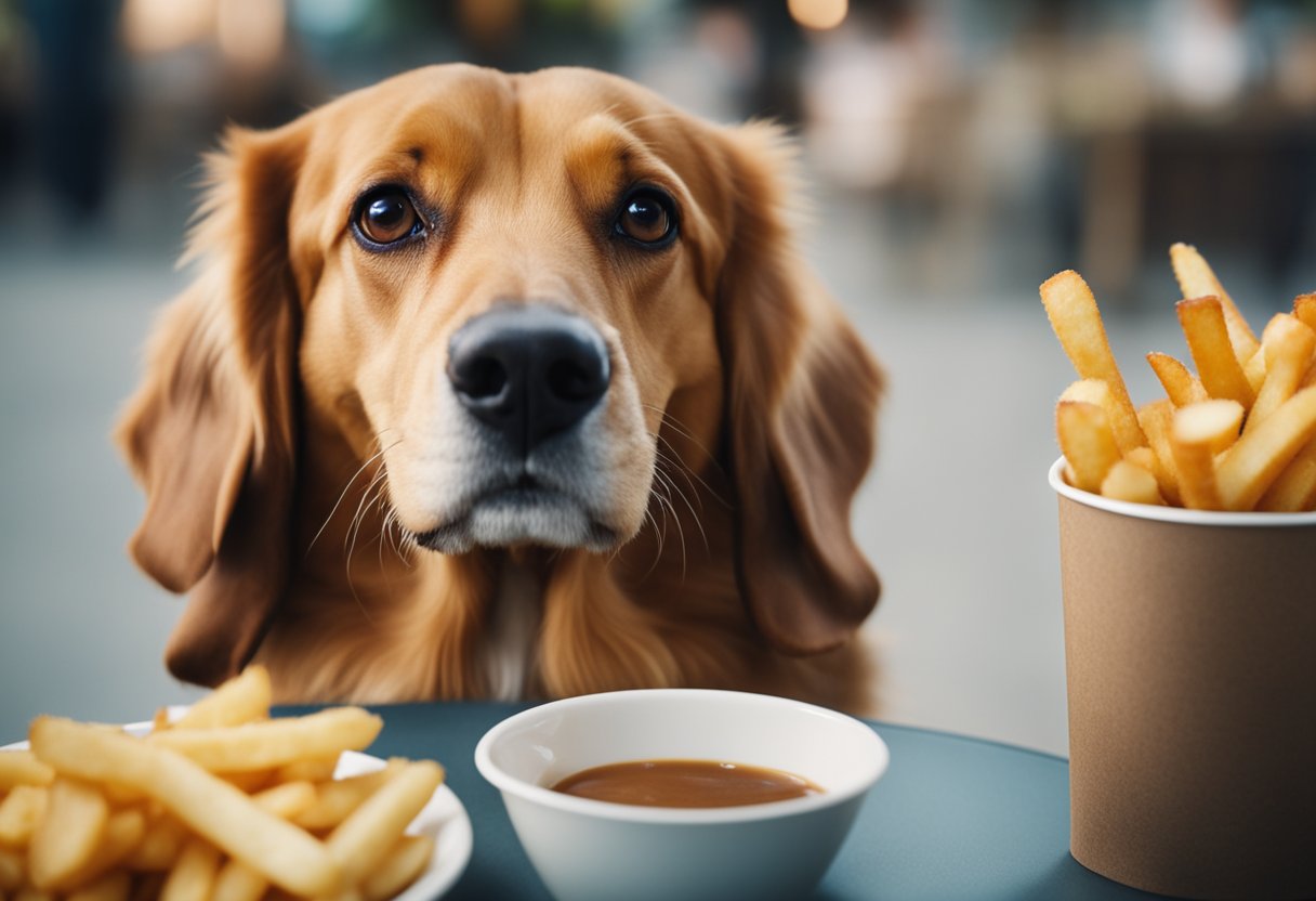 A dog eagerly looks up at a plate of french fries, with a questioning expression in its eyes