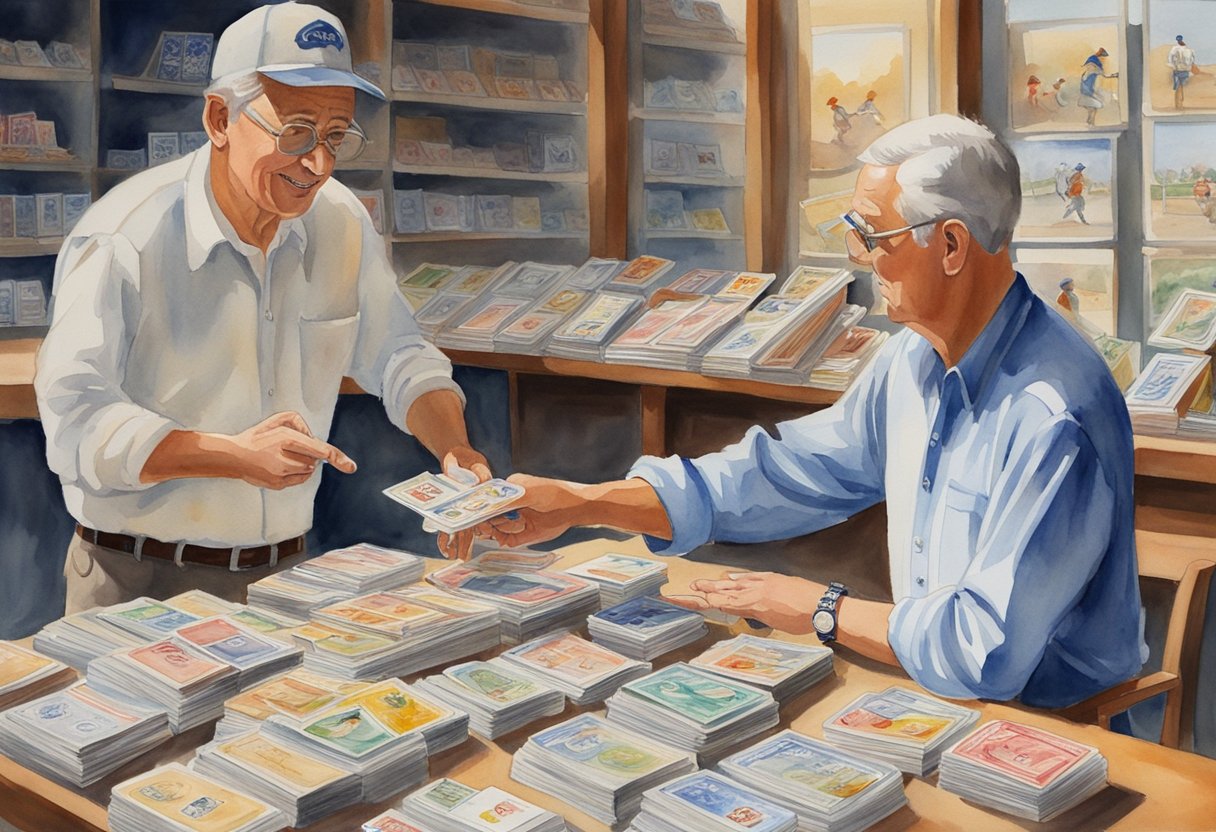 A seller presenting a collection of baseball cards on a table to a buyer, pointing out key details and discussing the value of each card