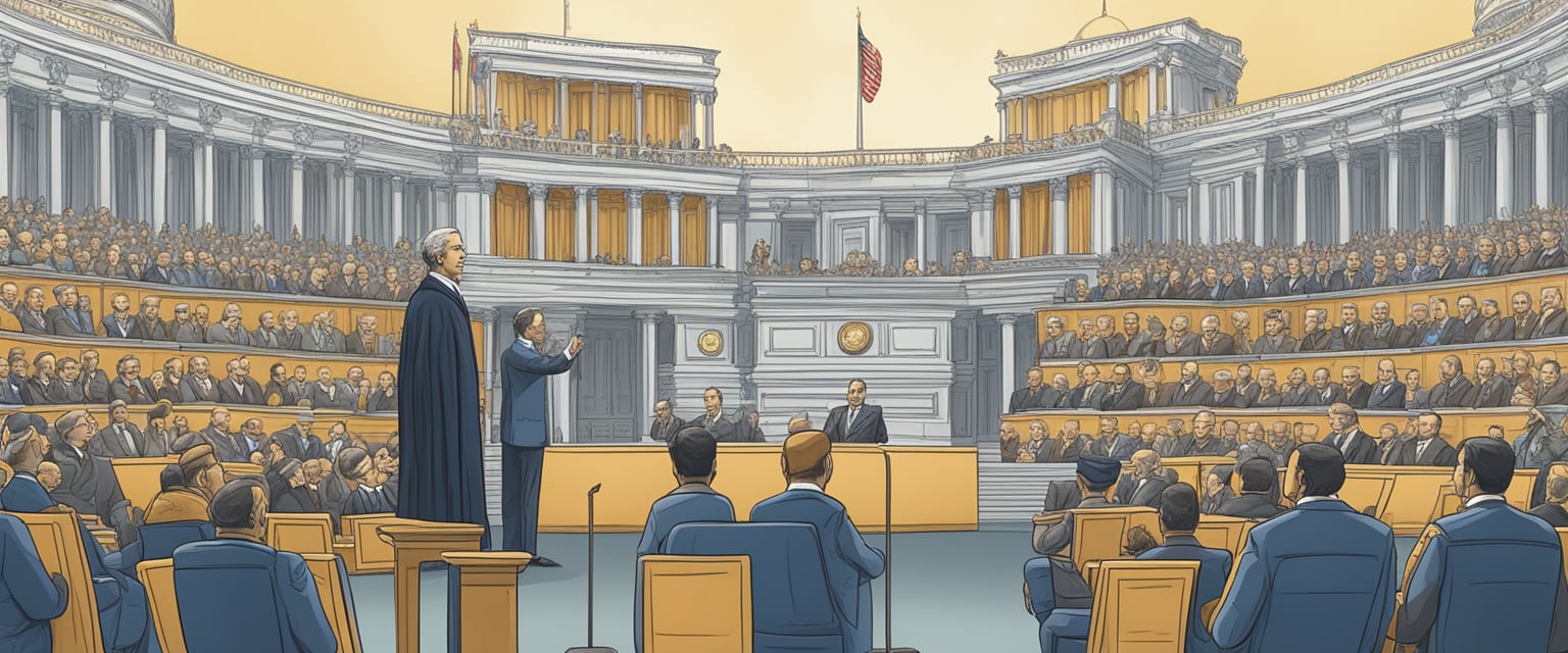 In the illustration, show two contrasting government systems: a dictator with absolute power and control, versus a democratic system with elected representatives and citizen participation