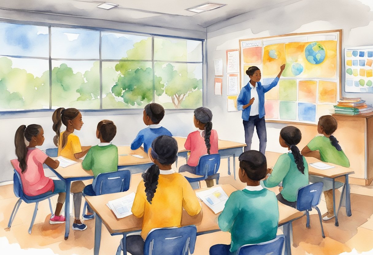 A classroom with diverse students engaging in group discussions, while a teacher facilitates learning. The walls are adorned with educational posters and charts, creating a vibrant and stimulating environment