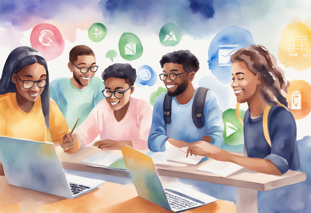 A group of diverse students engaging in educational activities with affiliate program logos displayed in the background