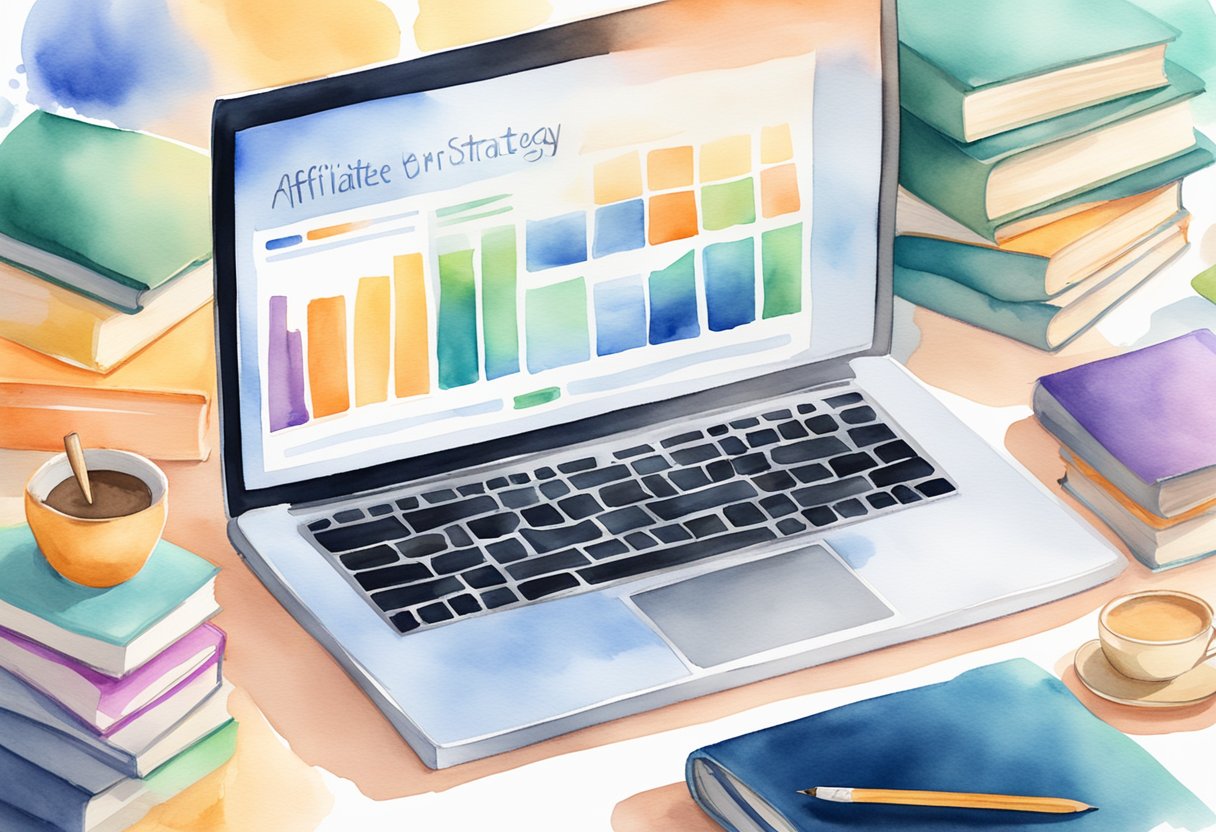 A laptop displaying "Optimizing Your Affiliate Strategy" surrounded by books on education affiliate programs