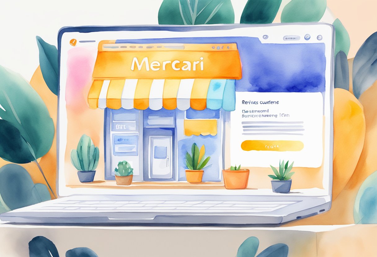 A laptop displaying Mercari's homepage with positive customer reviews and a secure payment badge
