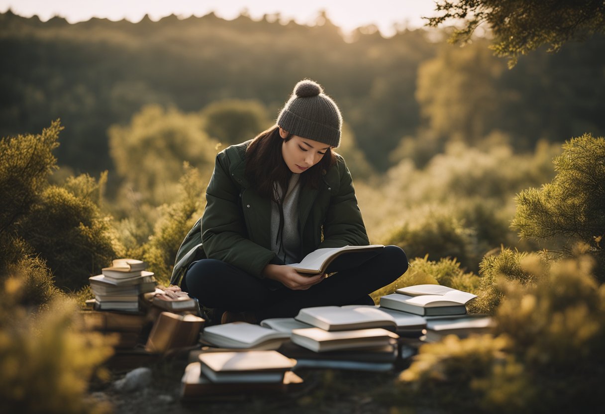 A person sits in nature, surrounded by books, art supplies, and a journal. They are deep in thought, reflecting on their passions and talents, seeking their ikigai