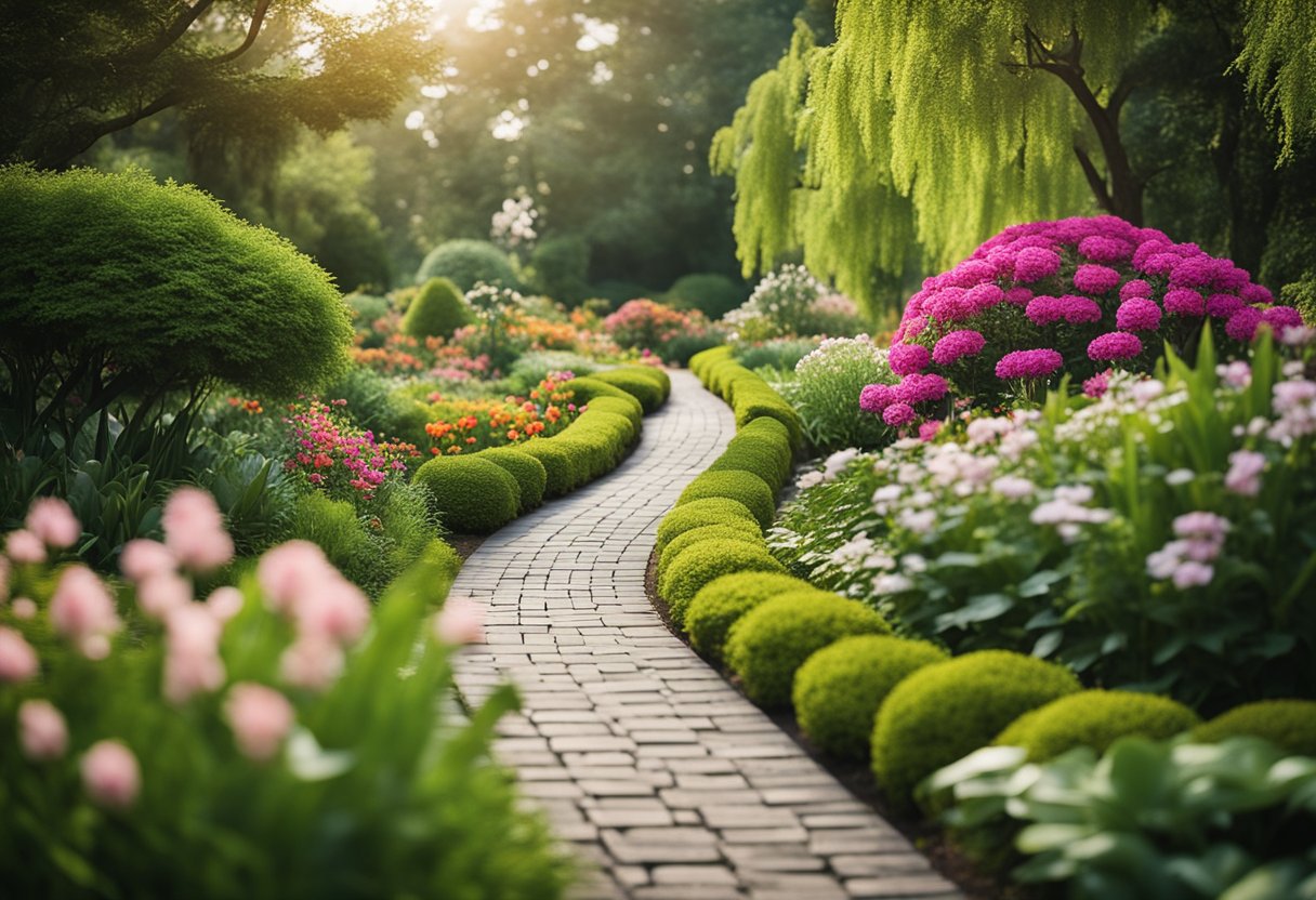 A serene garden with a winding path leading to a tranquil pond, surrounded by vibrant flowers and lush greenery, symbolizing the journey to finding one's ikigai