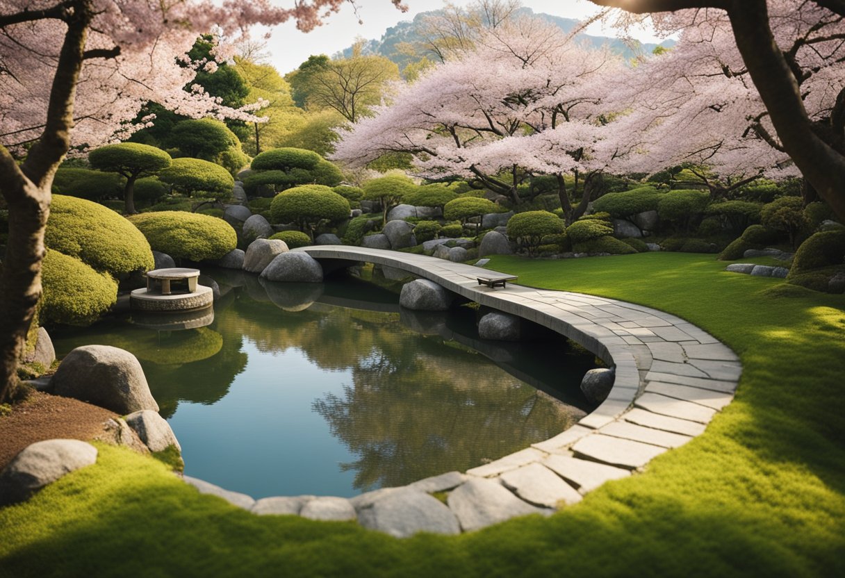 A serene Japanese garden with a winding path, blooming cherry blossoms, a tranquil pond, and a peaceful meditation area