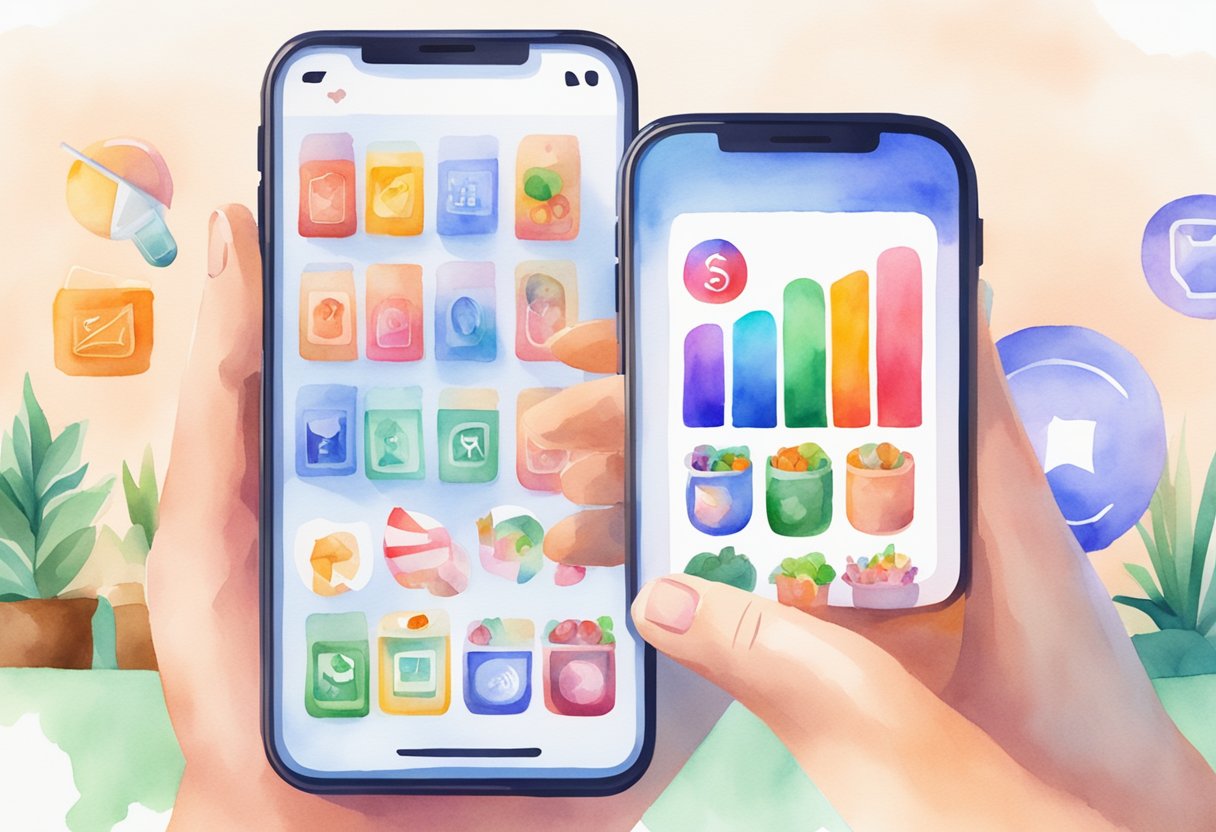 A smartphone displaying the Mercari app with various items for sale. A hand reaches out to tap the "buy" button