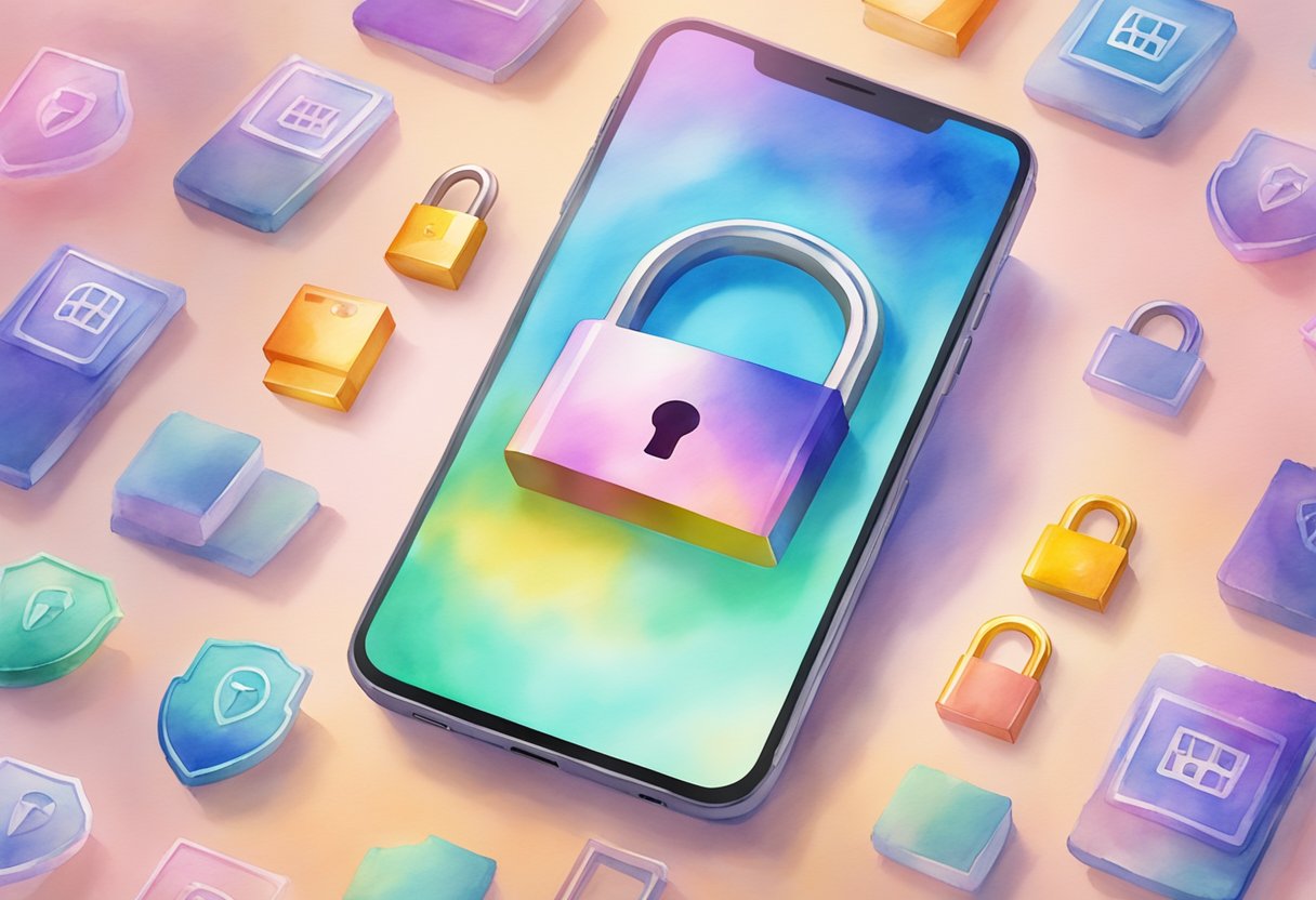 A padlock symbol on a smartphone screen with the Mercari logo in the background, surrounded by a shield and lock icons
