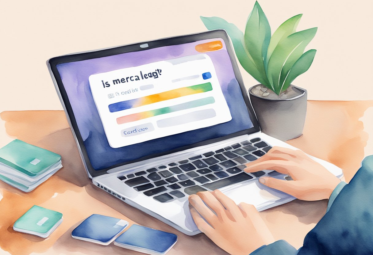 A laptop with a search bar open, typing "Is Mercari legit?" A hand holding a credit card hovers over the keyboard