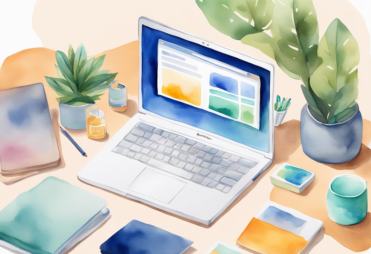 A laptop displaying Mercari's website with a detailed seller's guide open, surrounded by various items ready for sale