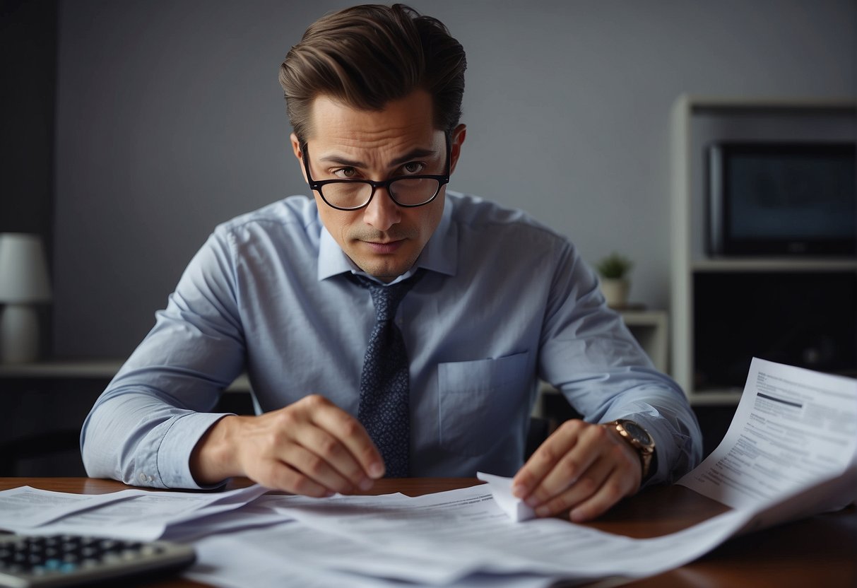 A person with a puzzled expression looking at a calculator and bank statements, surrounded by financial documents and a salary slip