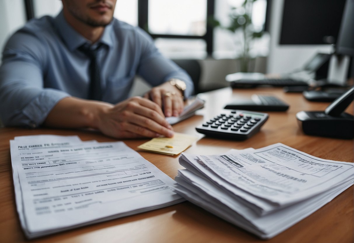 A person sitting at a desk with a calculator and financial documents, pondering how much they can borrow on a $150k salary