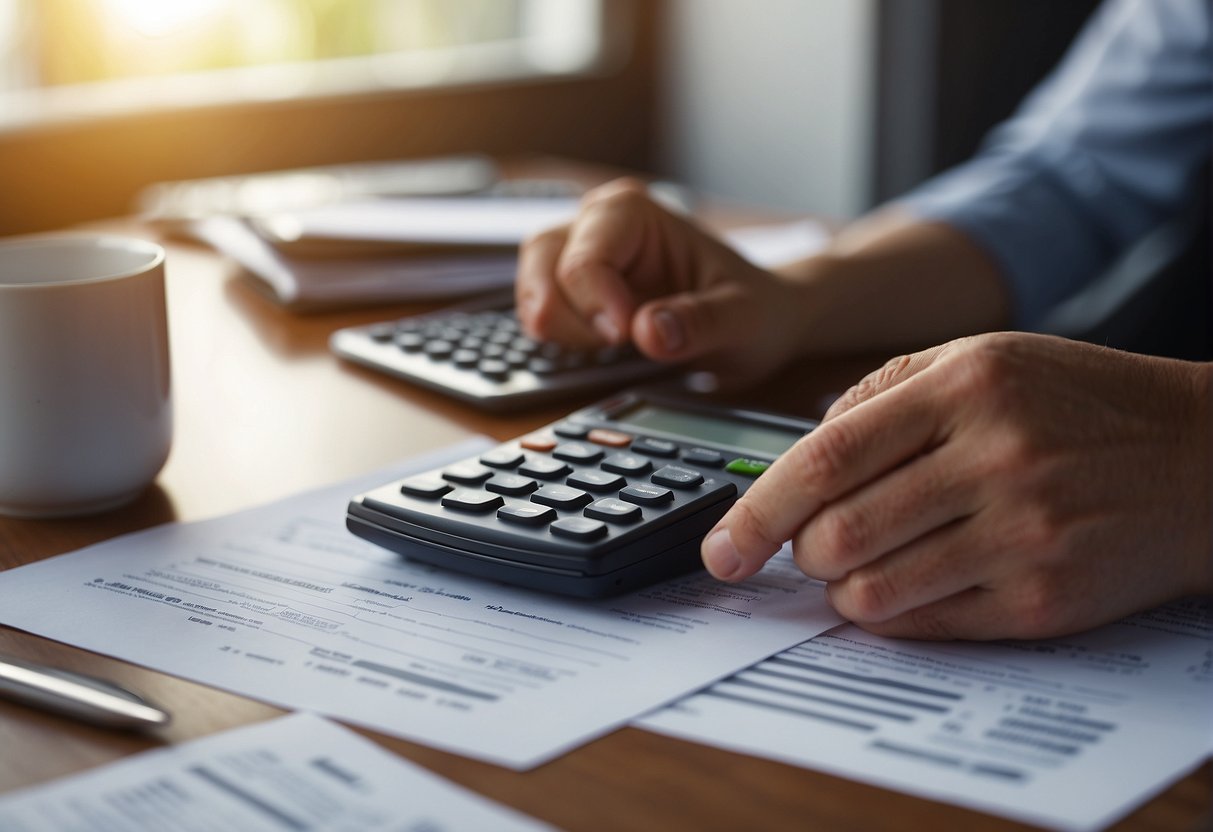 A person sits at a desk, filling out a home loan application. A calculator and financial documents are spread out in front of them