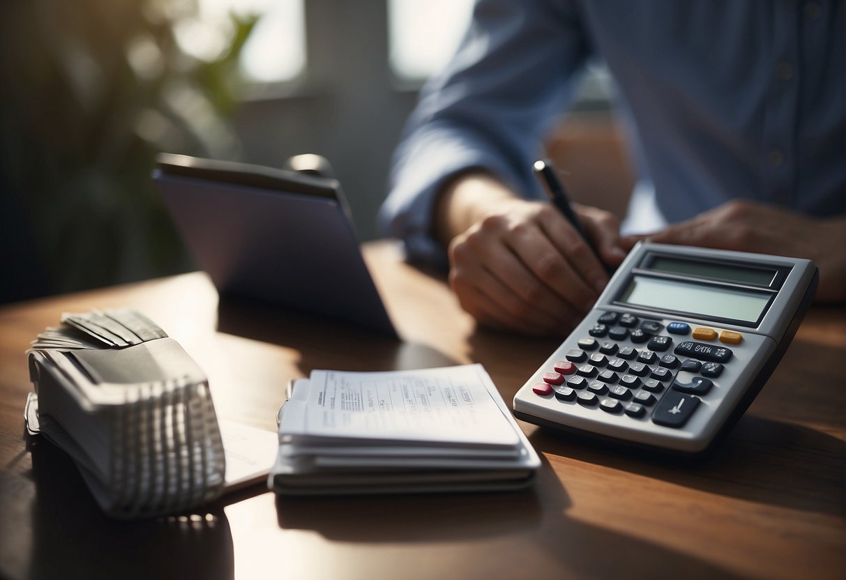 A person standing next to a calculator and a list of expenses, pondering how much they can borrow on a 150k salary