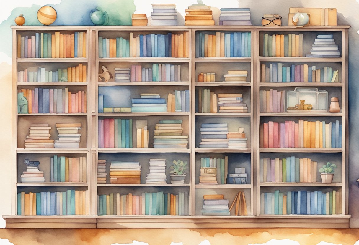 Various products like books, electronics, toys, and home goods are displayed on shelves with Amazon's logo in the background