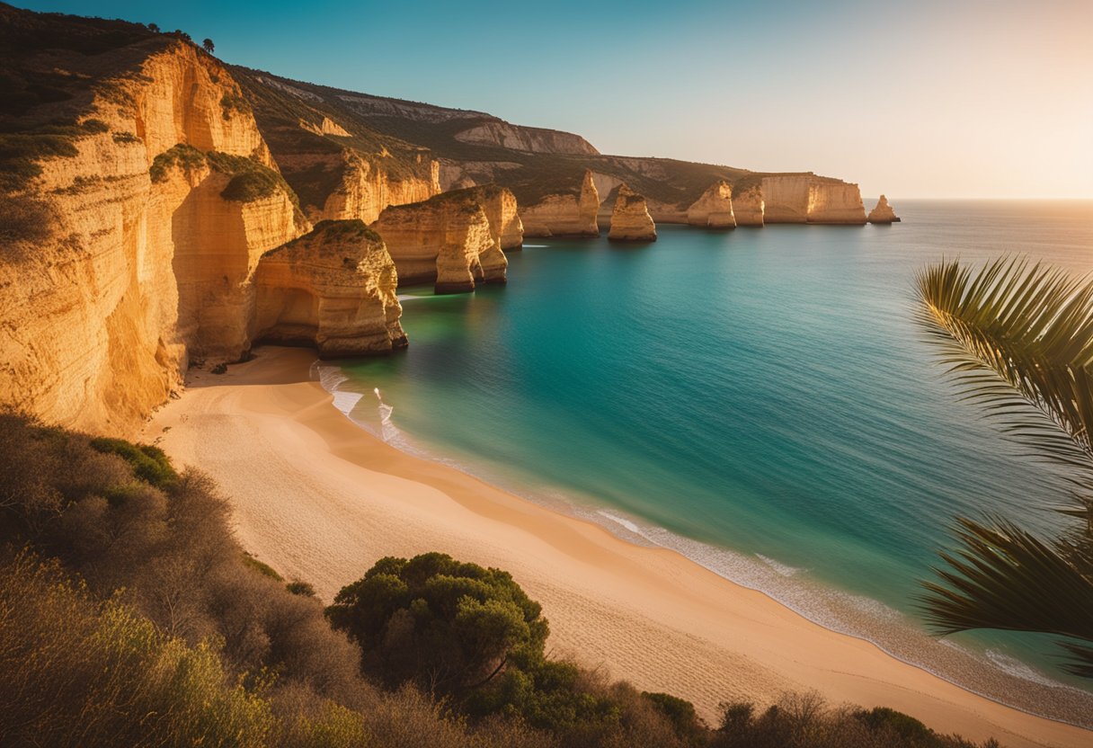 The sun sets over the rugged cliffs of Praias do Algarve, casting a warm glow on the golden sand and turquoise waters below. Palm trees sway gently in the breeze as seagulls soar overhead