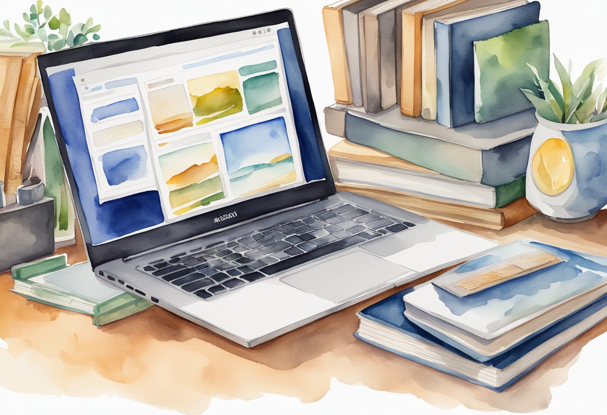 A laptop with a seller account open on the Amazon website, surrounded by various products such as books, electronics, and household items ready to be listed for sale