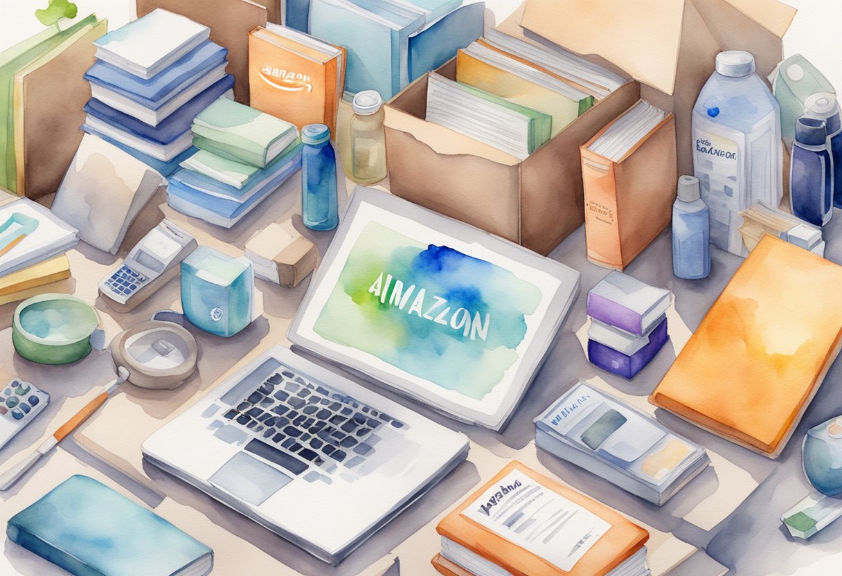 A variety of products displayed on Amazon's platform, including books, electronics, and household items, with a prominent "No Approval Needed" sign