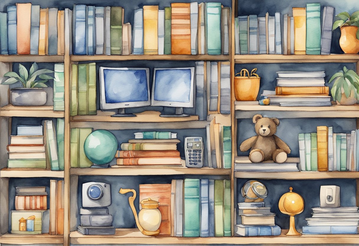 Various items like books, electronics, and toys displayed on shelves with Amazon logo. No approval needed to sell on Amazon