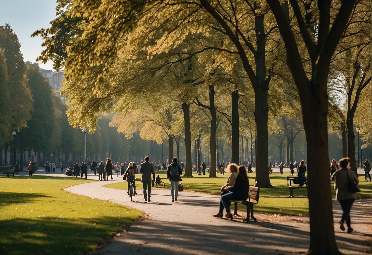 A sunny afternoon in Brussels, with clear blue skies and a gentle breeze. Trees sway as people enjoy outdoor activities in the park