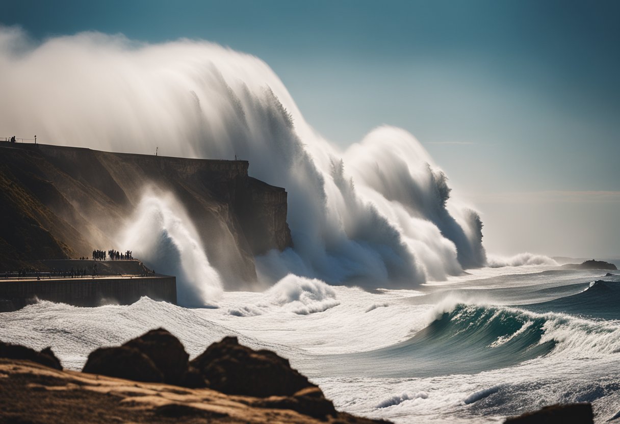 Giant waves crash against the rocky coast of Nazaré, creating a dramatic and powerful scene for an illustrator to recreate