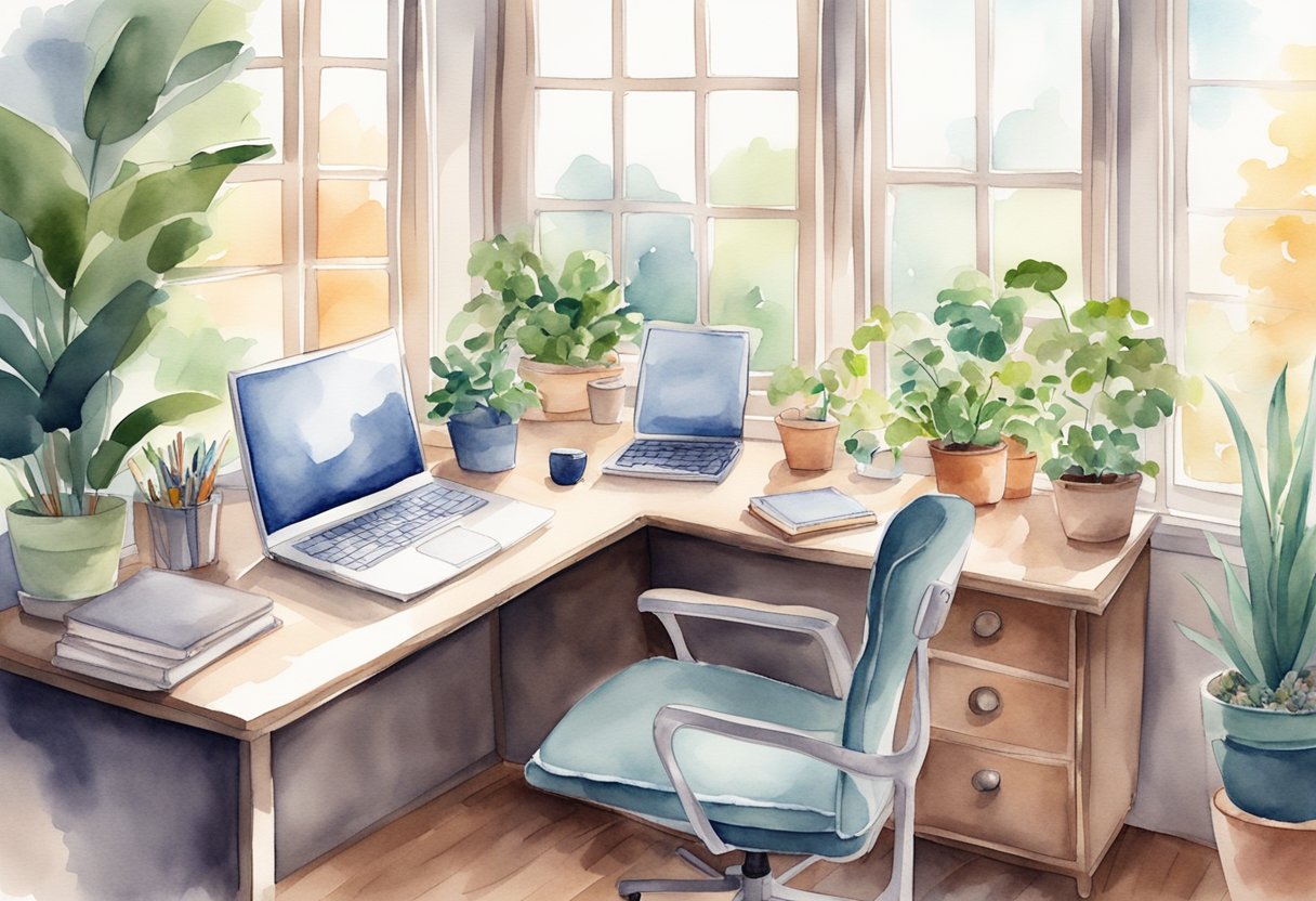 A cozy home office with a computer, phone, and notebook. A comfortable chair and a desk with organizational supplies. A window with natural light and plants